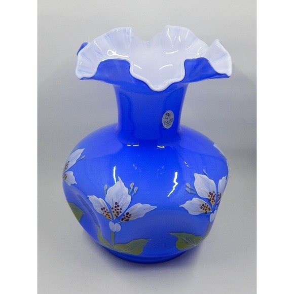 Fenton Blue Overlay Cased Glass White Hand-Painted Flowers Pinched Ruffle Vase - Picture 2 of 9